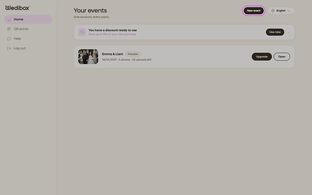the events list with the New event button highlighted