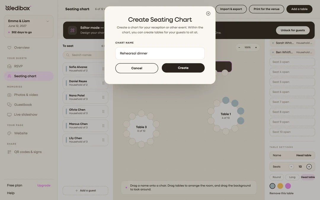 the Create Seating Chart popup with a second chart’s name filled in