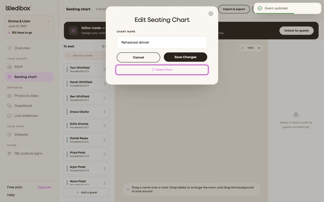the Edit Seating Chart popup with Delete Chart visible