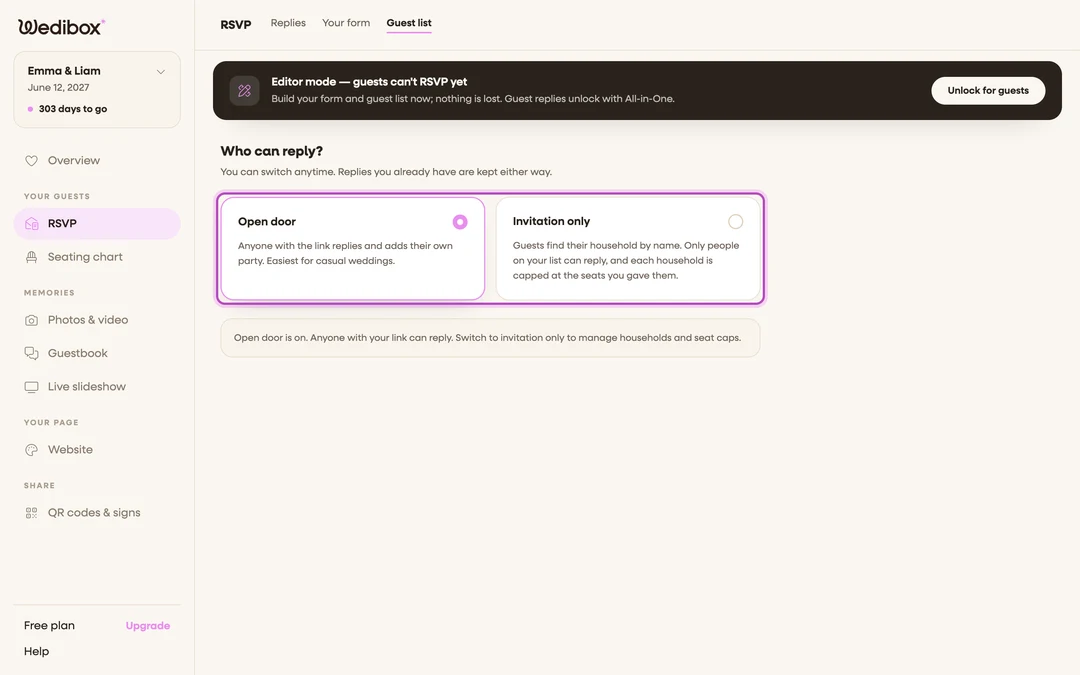 the Guest list tab with the Open door and Invitation only mode cards