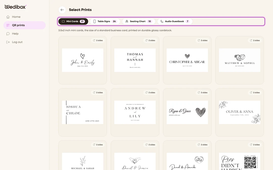 the Select Prints page with the Mini Cards / Table Signs tabs visible
