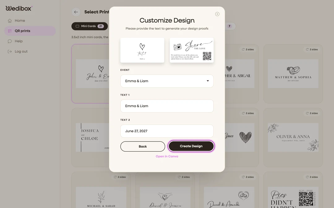 the Customize Design step with the text fields filled and Create Design highlighted