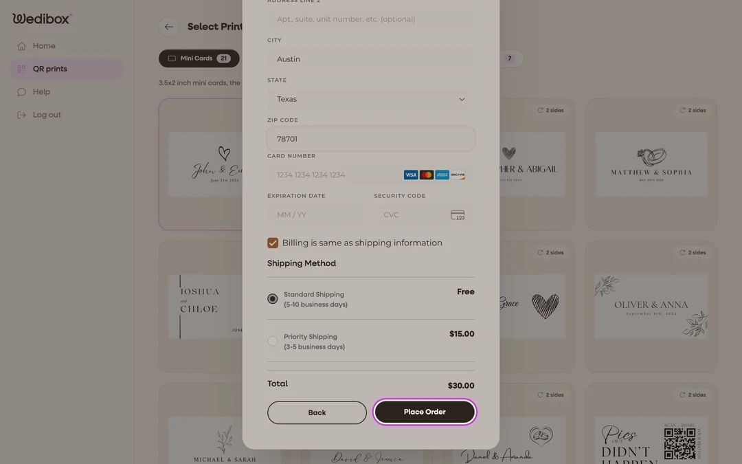 the Checkout step with address, shipping methods, and Place Order visible