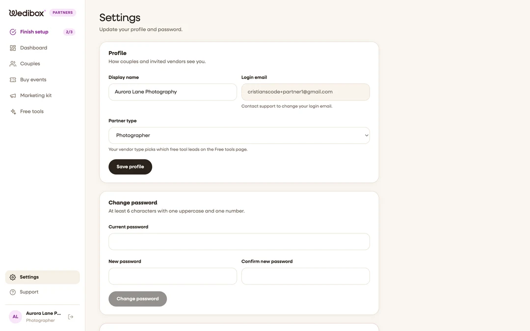 the Settings profile card with the display name and partner type fields
