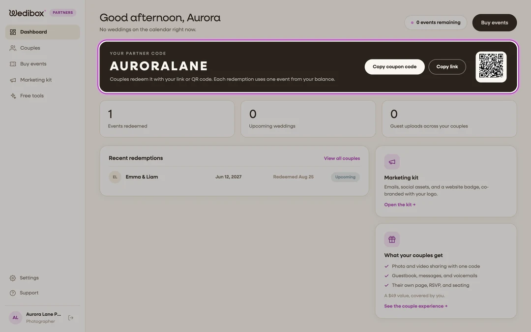the “Your partner code” card with the Copy link button highlighted