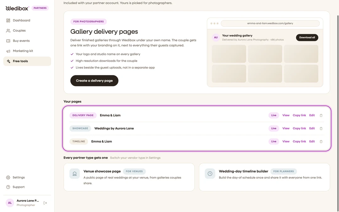 the Your pages list with a Live page’s View and Copy link actions