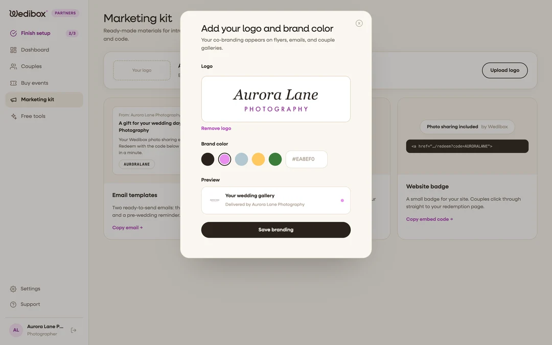 the branding popup with a logo uploaded and the color swatches visible