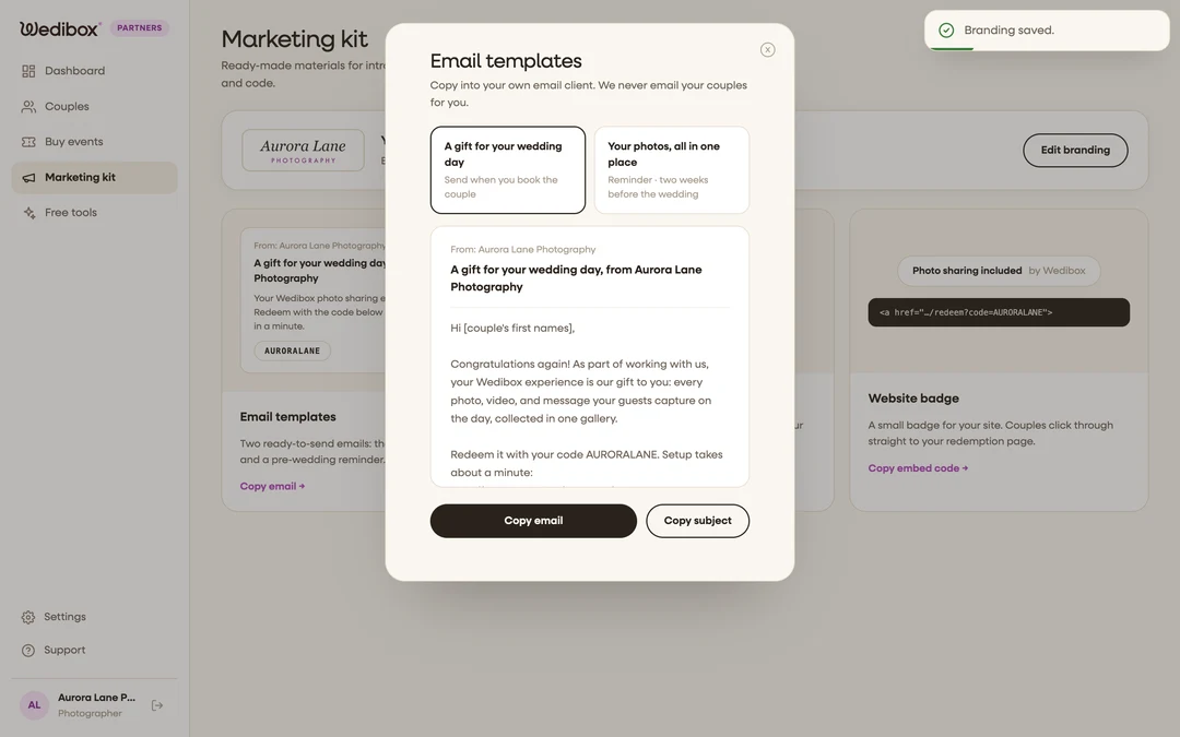 the email templates popup with the two tabs and Copy email button