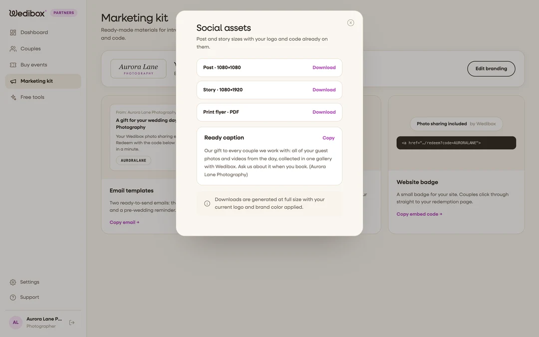 the social assets popup with the three download rows and the ready caption