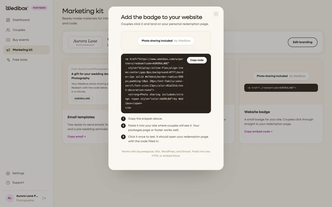 the website badge popup with the embed snippet and Copy code button