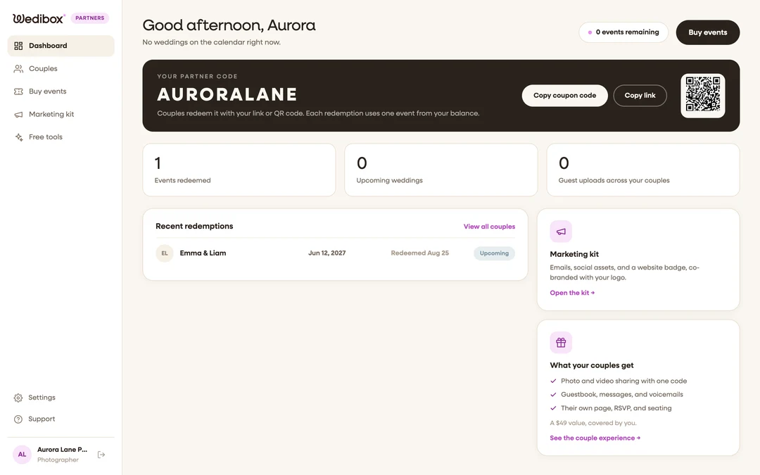 the partner dashboard Overview with the “Your partner code” card visible
