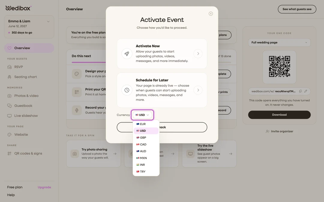the Currency selector open during activation, showing the list of 8 currencies