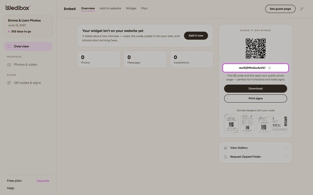 the Share it anywhere QR card with the link and copy button highlighted