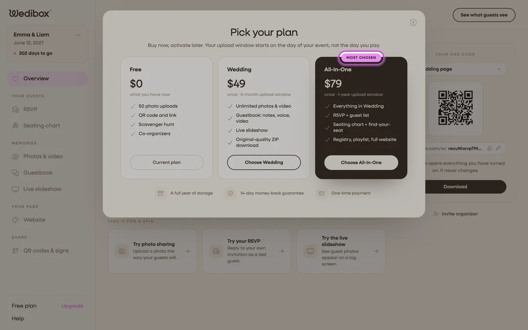 the in-app plan picker (“Pick your plan”) showing the three plan cards side by side, with the Most chosen badge on All-in-One highlighted