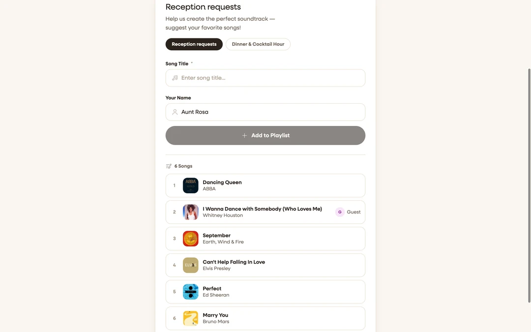 the guest song page showing a numbered track list, with guest requests marked by a Guest chip