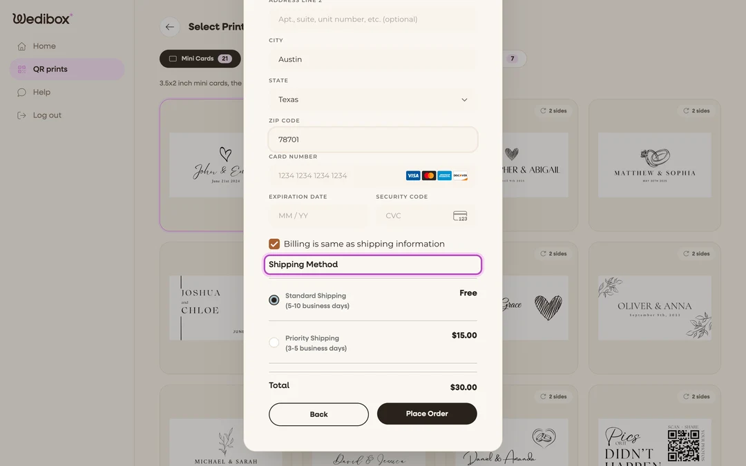 the checkout step with the Shipping Method radio options and prices visible