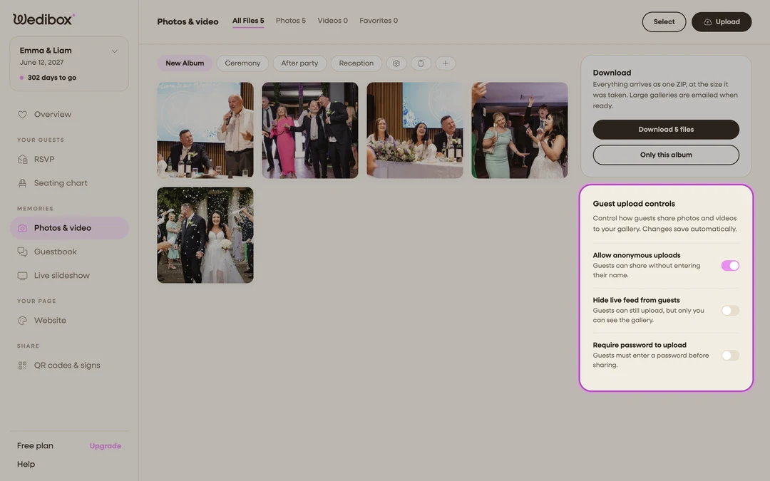 the Guest upload controls panel with the three toggles visible