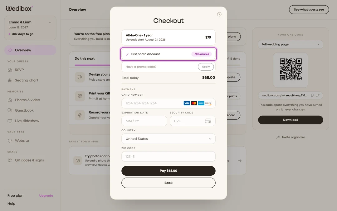 the Checkout step with an earned discount row and its ”% applied” chip highlighted