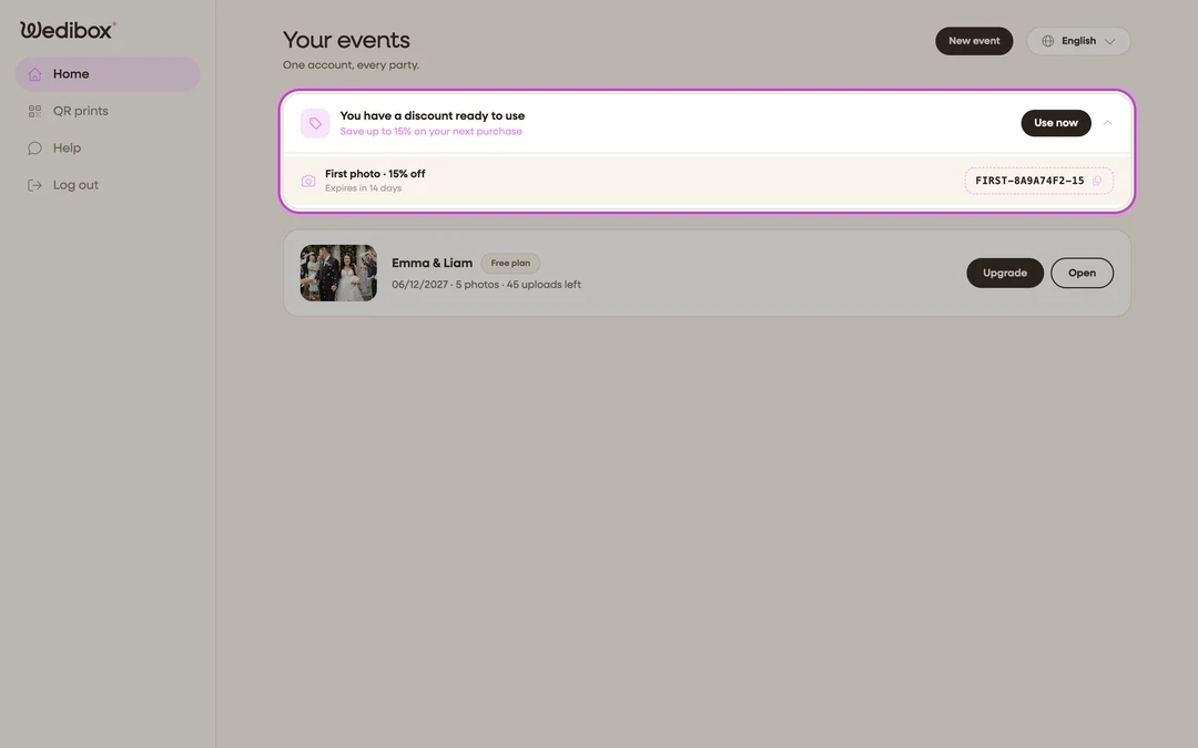the rewards banner on Your events, expanded to show a discount code with its expiry