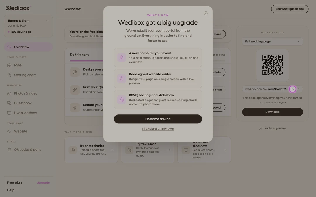 the Your one code card with the copy icon highlighted