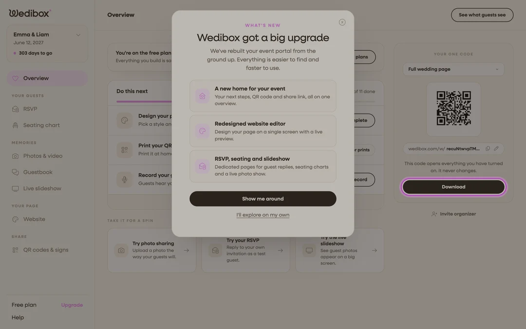 the Your one code card with the dropdown and Download button visible