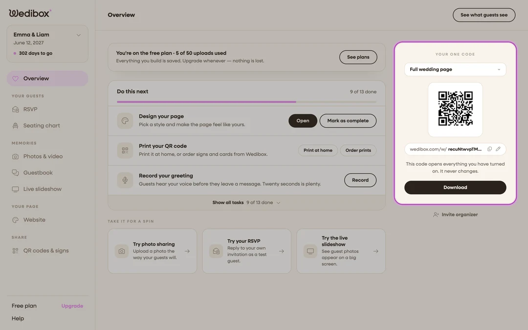 the Your one code card highlighted, with the dropdown showing the selected code
