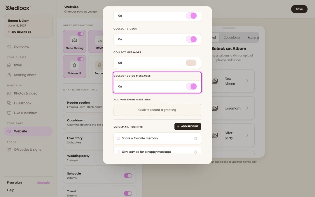 the Digital Guestbook editor with the COLLECT VOICE MESSAGES toggle on