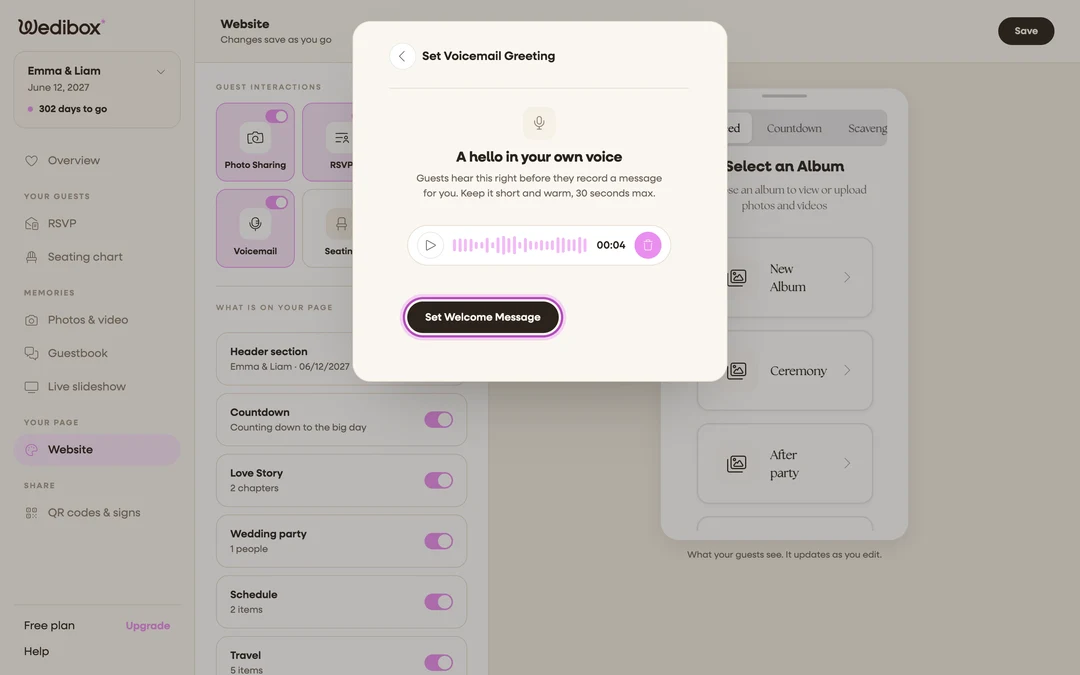 the preview player with Set Welcome Message highlighted