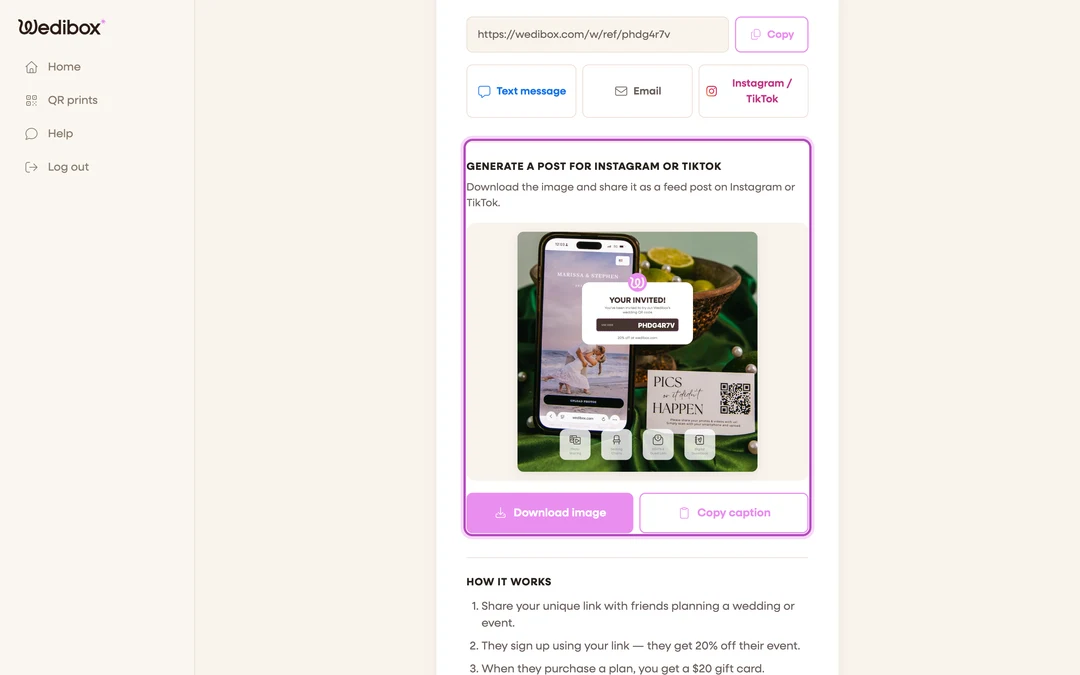 the “Generate a post for Instagram or TikTok” section with the preview image and the Download image / Copy caption buttons