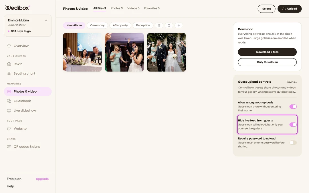the Hide live feed from guests toggle switched on