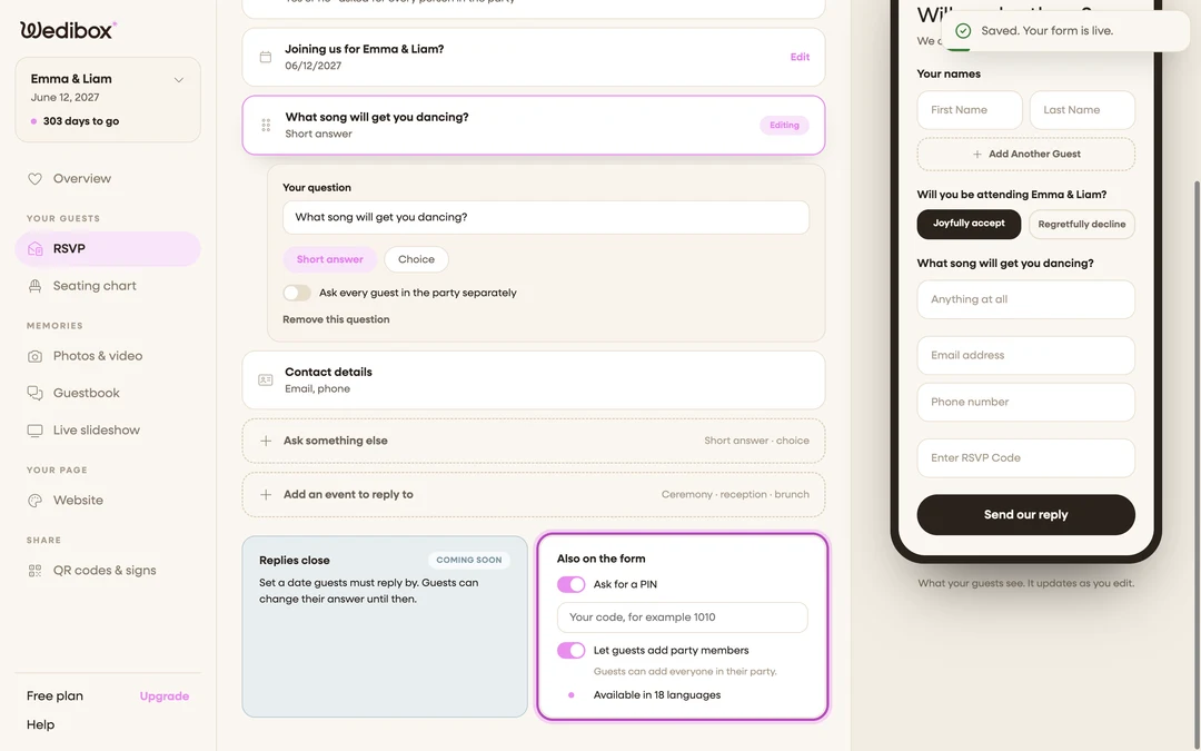 the “Also on the form” card with Ask for a PIN switched on and the code field visible