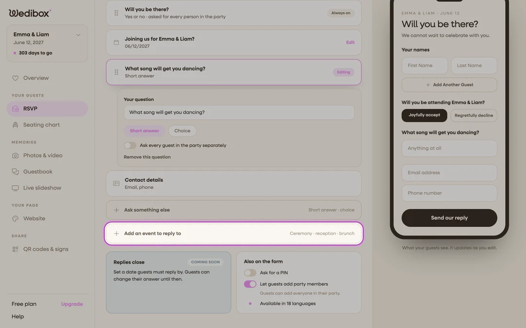 the question list with the Add an event to reply to button highlighted