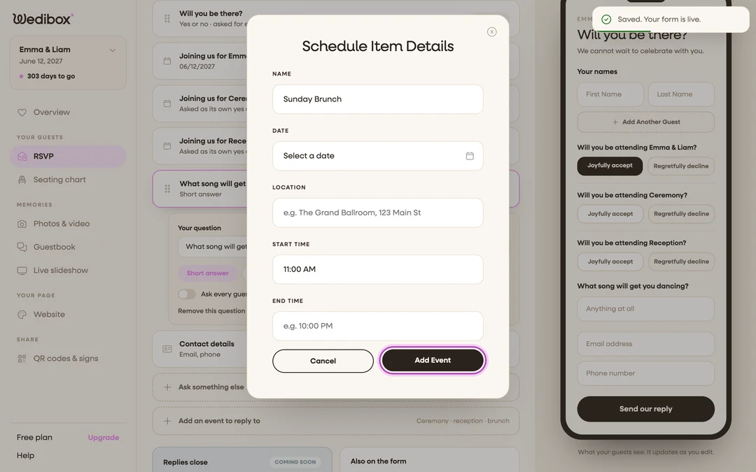 the Schedule Item Details popup filled in, with Add Event highlighted