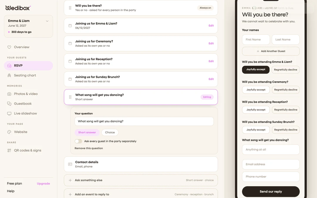 the form builder showing three event cards (ceremony, reception, brunch)