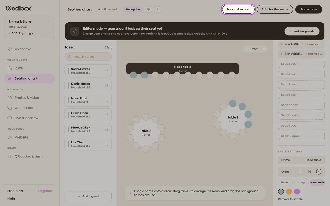 the seating page header with Import & export highlighted