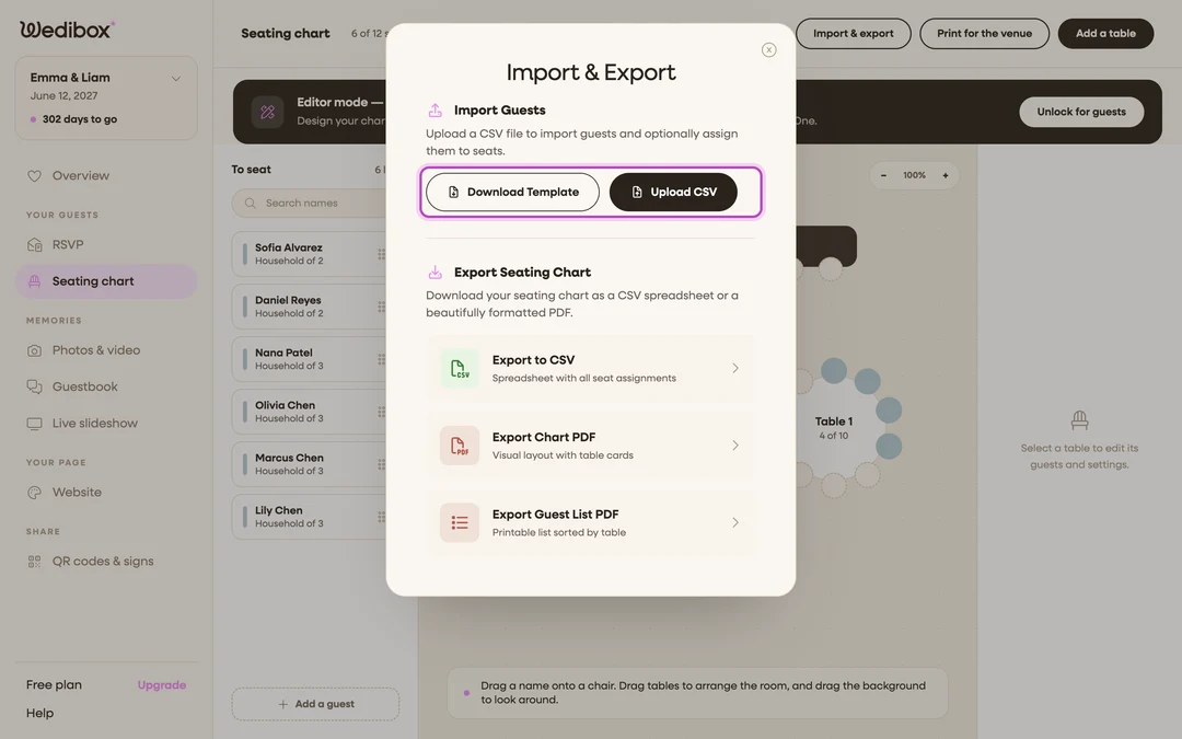 the Import Guests section with Download Template and Upload CSV buttons