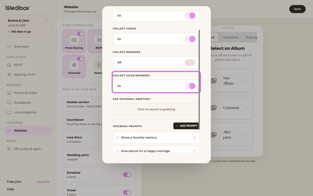 the Digital Guestbook panel with COLLECT VOICE MESSAGES toggled on