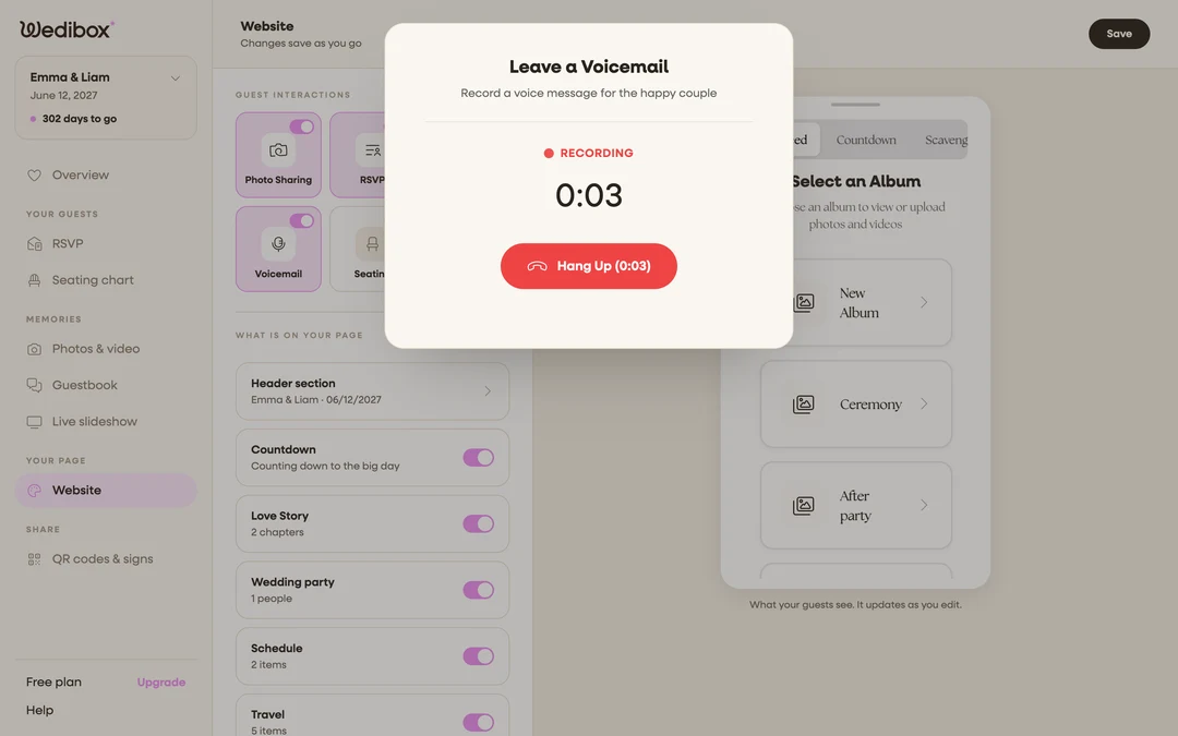 the guest-side Leave a Voicemail popup in its recording state