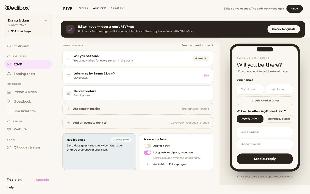 the Your form tab; question list on the left, phone preview on the right