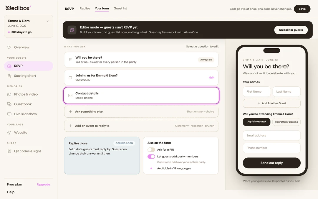the Contact details card expanded, with the email and phone toggles on