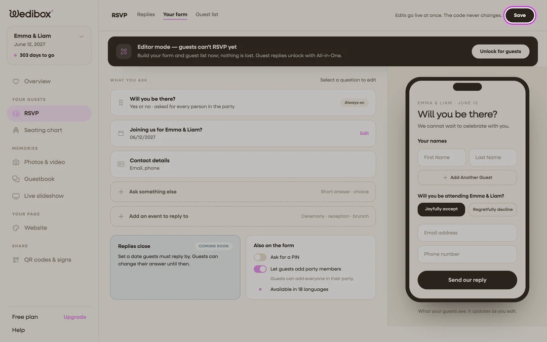 the RSVP page header with the Save button highlighted