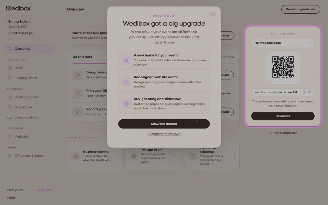 the Overview page with the “Your one code” card visible