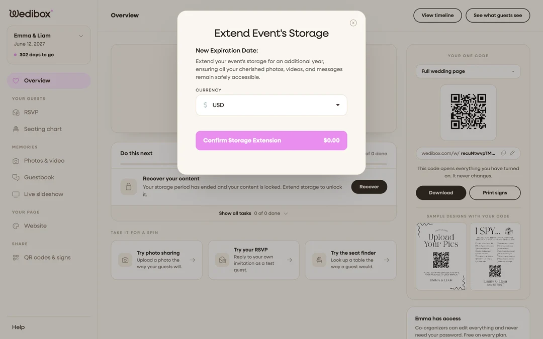the Extend Event’s Storage window with the new expiration date