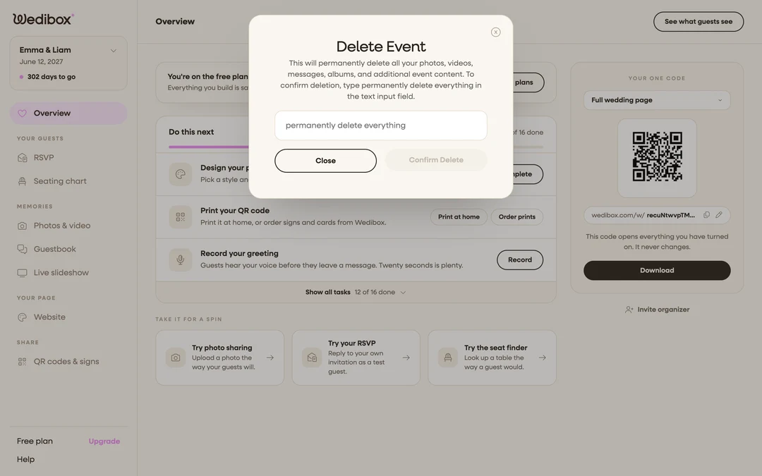 the Delete Event confirmation window with its typed-confirmation field