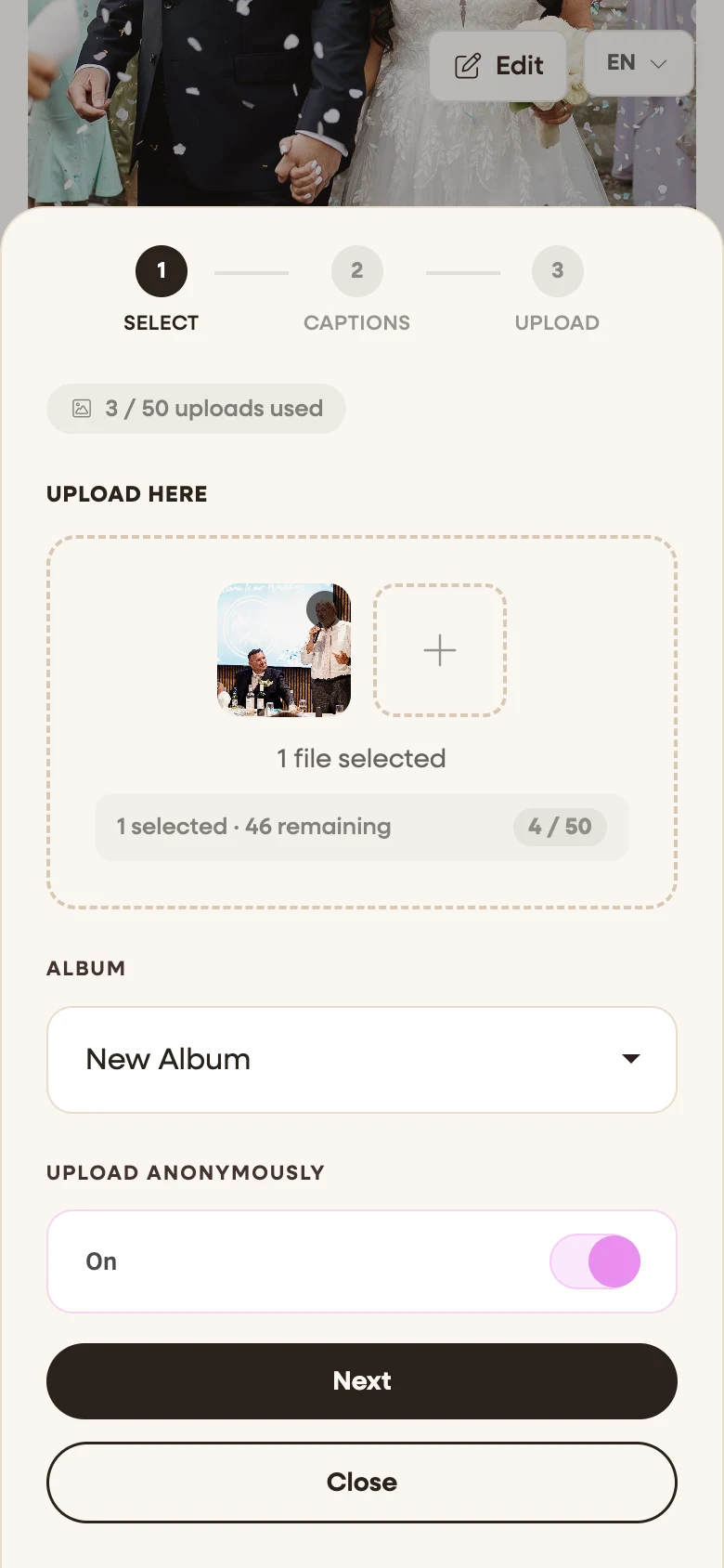 the guest upload popup on a phone, on the file-selection step