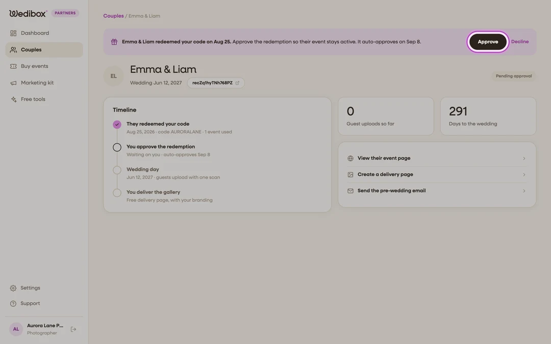 the approval banner on a pending couple with the Approve button highlighted