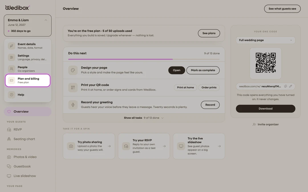 the event menu open with Plan and billing highlighted