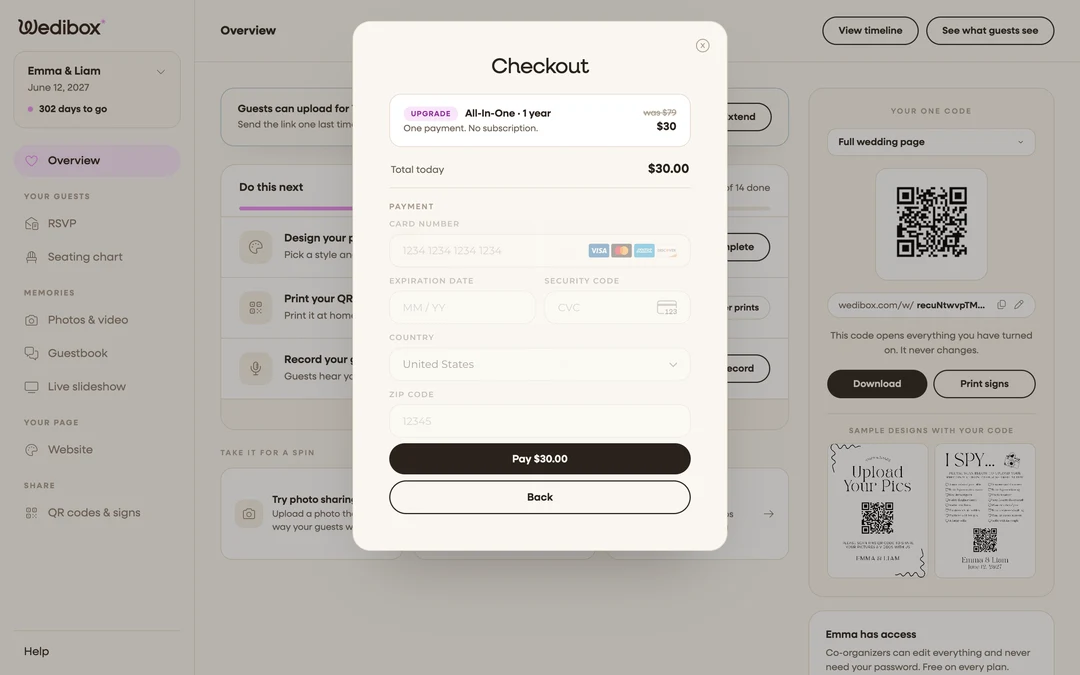 the checkout summary showing the Upgrade label, the was-price, and the difference to pay