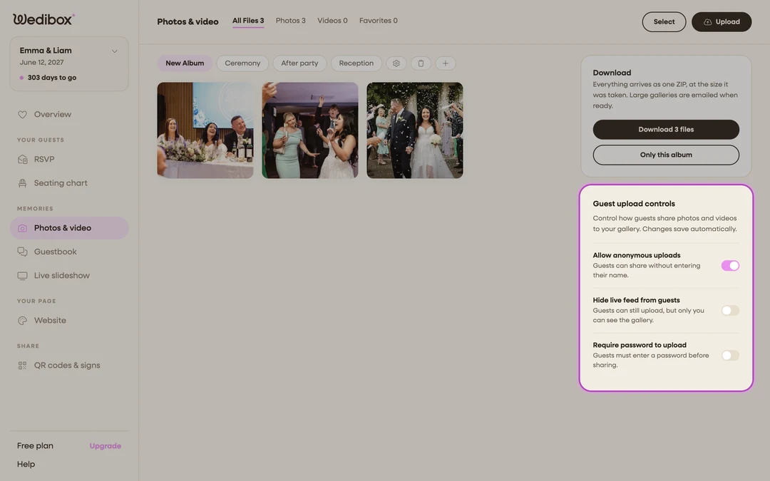 the Photos & video page with the Guest upload controls card highlighted