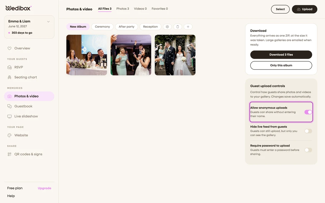 the Allow anonymous uploads toggle row